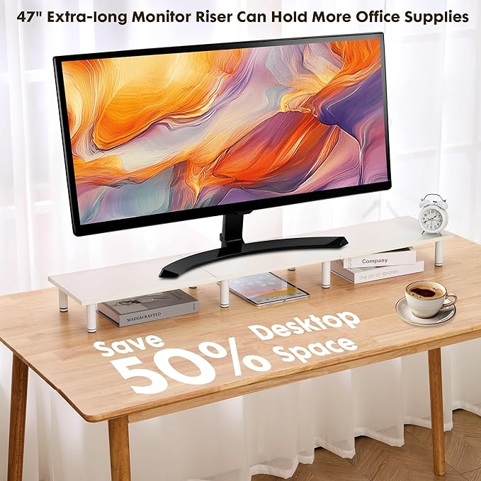 47 Inch Extra-Long Dual Monitor Stand Riser for 2 Monitors, Desk Shelf TV Riser Blocks, Wood and Steel Desktop Riser for Computer, Laptop, Printer, Home Office Organization, White