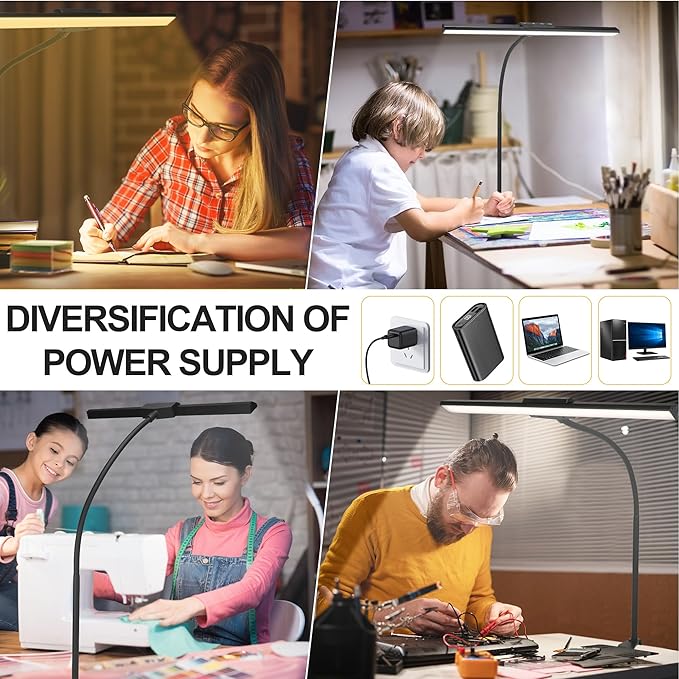 litren Desk Lamps for Home Office Desk Light with Clamp Eye-Caring 3 Colors 10 Brightness Dimmable Swing Arm Clip on Office Desk Lighting for Studying Working Painting Reading Sewing Crafting-Black