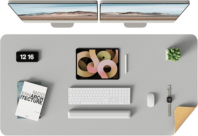 YSAGi Double-Sided Desk Pad, Leather Desk Mat, Eco Cork Desk Pad Protector, Large Mouse Pad for Desk, Waterproof Desk Blotter Pad, Desk Writing Pad for Office Work/Home (Grey+Cork, 47.2" x 23.6")
