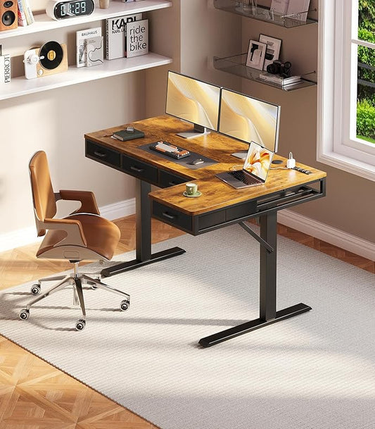 OffiGo 55 Inch L Shaped Electric Standing Desk with Drawers, Height Adjustable Large Desk with Power Outlets, Sit Stand Table, Writing Computer Desk for Home, Office, Workstation, Rustic Brown