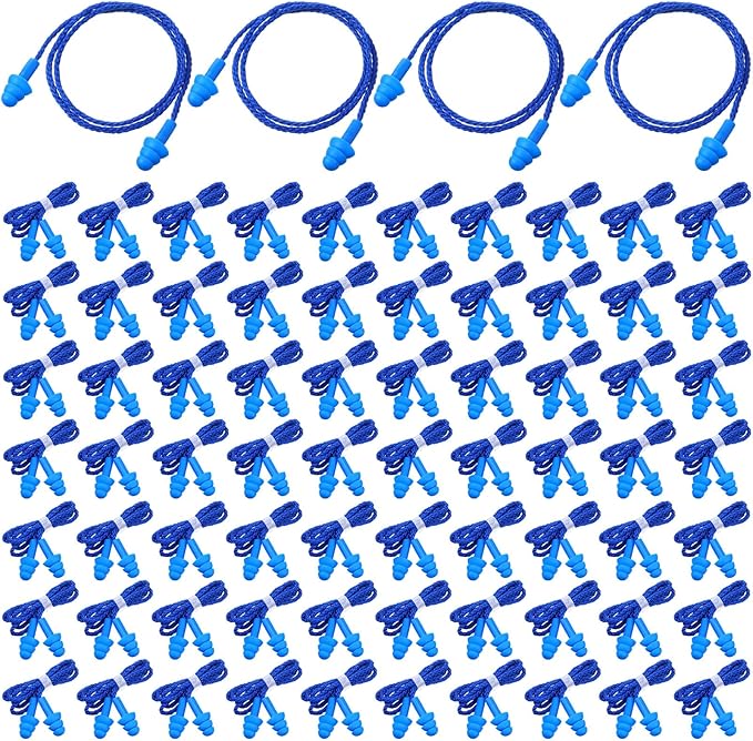 Xuhal 200 Pair Corded Ear Plugs Reusable Silicone Earplugs Individually Wrapped Hearing Protection Sleep Noise Cancelling for Work Construction Shooting Sports Noise Reduction(Blue, Dark Blue)