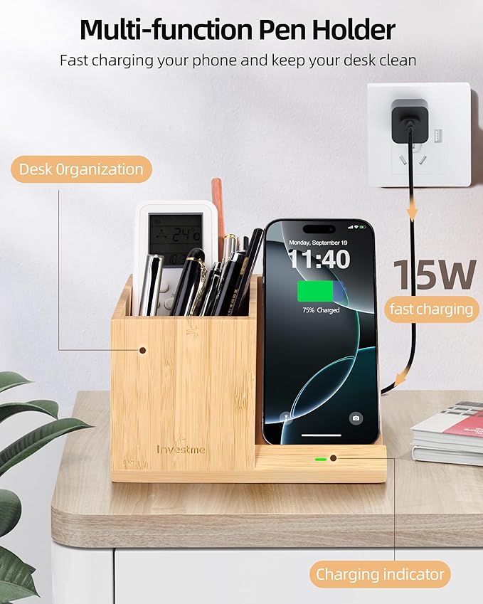 3-in-1 Bamboo Wireless Charger with Desk Organizer, Bamboo Pen Holder for Desk, 15W Fast Wireless Charger with Pen Holder for Home Office Supplies, Compatible with iPhone and Samsung