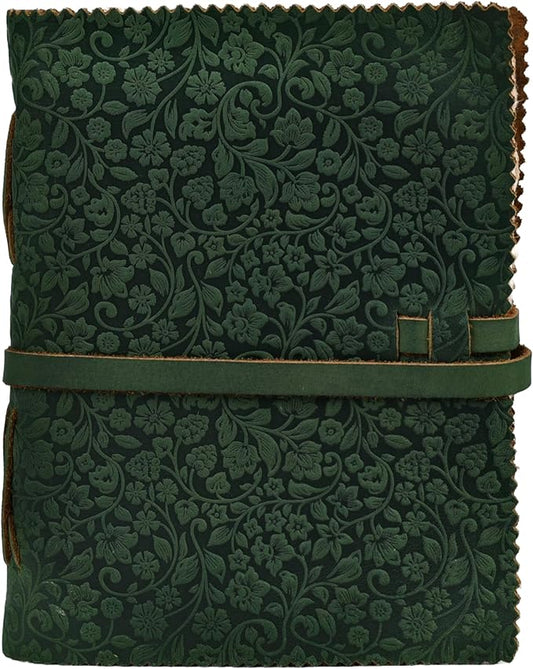 LEATHER VILLAGE Leather Bound Floral Embossed Journal for Women Men - 200 Pages, 10X7 Inches, Green - Book of Shadows, Vintage Blank Paper Travel Diary, Notebook for Writing, Drawing, Sketchbook