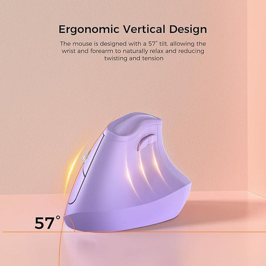57° Ergonomic Wireless Tower Mouse, Vertical Quiet Ergo Mouse, Bluetooth(BT5.0,BT3.0)&2.4G, (800/1200/2400/2400/4000), 7 Buttons for Windows, macOS, iPadOS, Laptop, PC,Purple