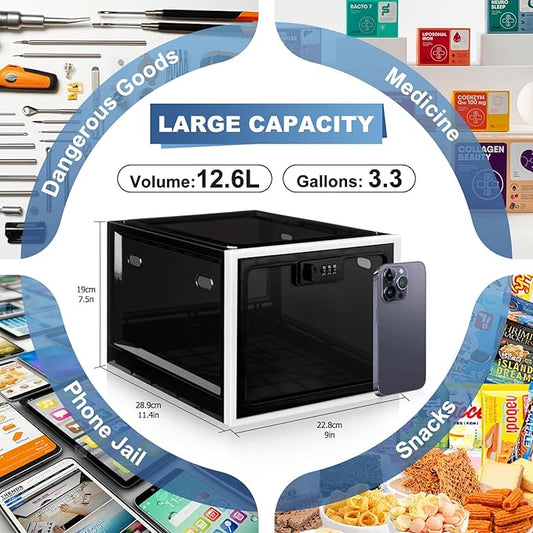 Medicine Lock Box for Safe Medication, Premium Material Lockable Storage Box Locking Organizer Bin with Combination Code for Fridge Food/Snacks/Phone/Tablet Jail/Home/Office Storage Lockers