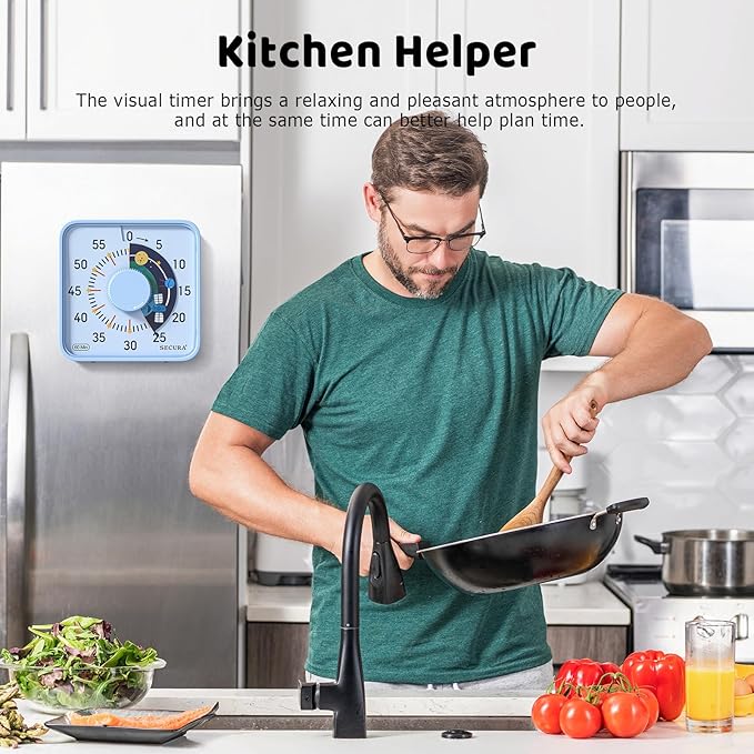 Secura 7.5-Inch Satellite Pattern Visual Timer for Kids, 60-Minute Countdown Timer for Classroom or Kitchen, Durable Mechanical Timer Clock with Magnetic Backing (Light Blue)