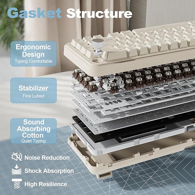 YUNZII B68 Wireless Mechanical Keyboard,Tri-Mode BT5.0/2.4GHz/USB-C,Cute PBT Keycaps,Hot Swappable Creamy Typing Gasket Mounted,RGB Backlit NKRO for Win/Mac (Beige, Cocoa Cream V2 Switch)