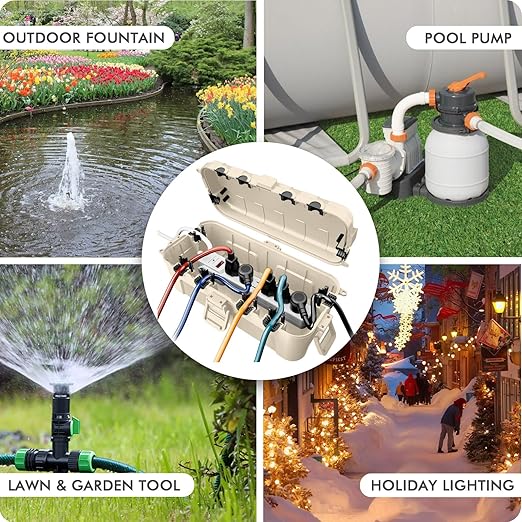 RESTMO Outdoor Electrical Box, IP54 Weatherproof Extension Cord Cover with 6 Cable Entry Ports, Waterproof Connection Box Protect Power Strip, Timer, Plug, Holiday Lights, (11.5x5.2x4 inch), Almond