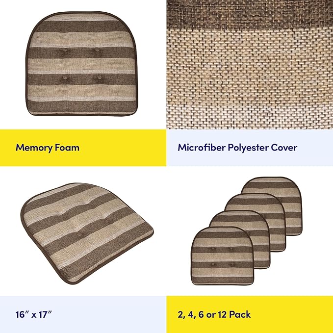 Sweet Home Collection Chair Cushion Memory Foam Pads Tufted Slip Non Skid Rubber Back U-Shaped 17" x 16" Seat Cover, 12 Count (Pack of 1), Bradford Chocolate/Beige