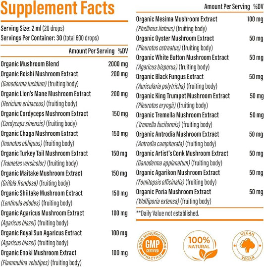 Liposomal Mushroom Complex Drops 2000 MG - 20 Organic Mushroom Extracts - Advanced Liquid Formula for Immunity, Cognitive and Memory - Lions Mane Supplement, Reishi, Cordyceps, Chaga, 30 Servings