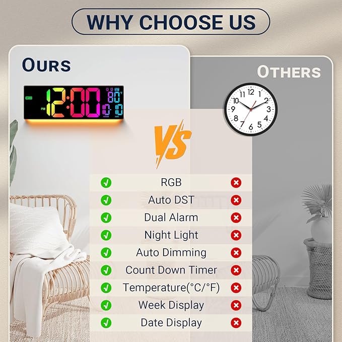 16.5" Large Digital Wall Clock: 11 RGB Colors Wall Mount Decor Clock for Living Room Bedroom Office Classroom, House Warming Gifts New Home Decor, Birthday Gifts for Men Women Brown