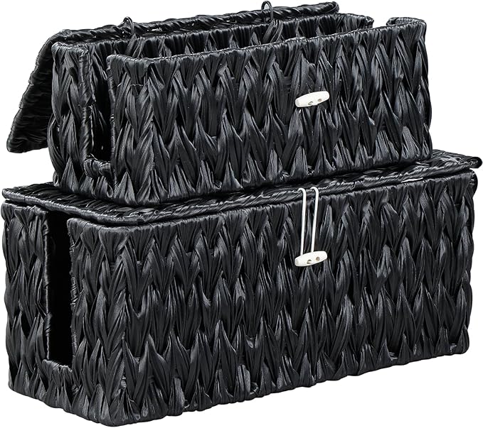 Black Cable Management Box,2 Pack Large & Medium Rattan Cable Organizer Box for Power Strip,2 Open Slots Cords Hider Box for TV Wires, Computer, Router, USB Hub and Under Desk Power Strip