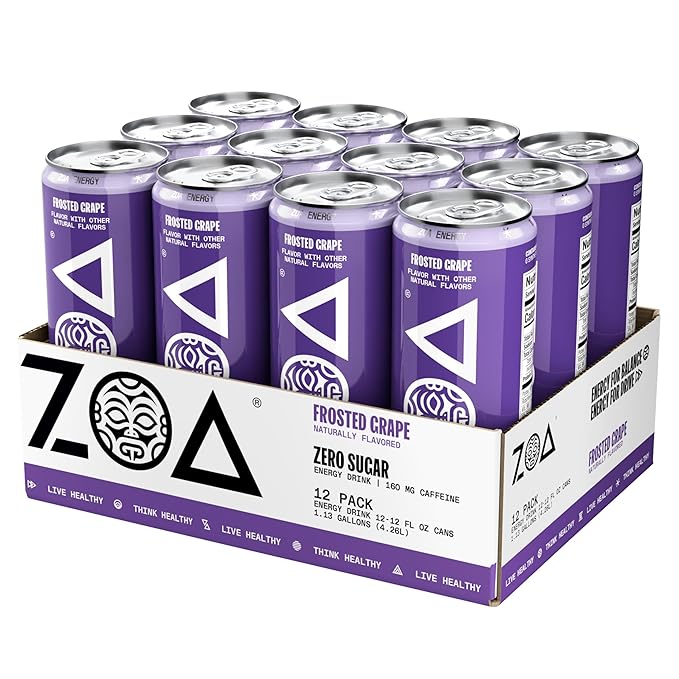 ZOA Zero Sugar Energy Drinks, Frosted Grape - Sugar Free with Electrolytes, Healthy Vitamin C, Amino Acids, Essential B-Vitamins, and Caffeine from Green Tea - 12 Fl Oz (12-Pack)
