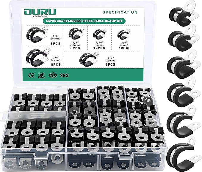 56PCS Cable Clamps Assortment Kit,6 Sizes—1/4" 5/16" 3/8" 1/2" 5/8" 3/4" Stainless Steel Rubber Coated Cushioned Insulated Cable Clamp,Automotive Cable Wire Clamps,Pipe Clamps,Metal Clamp