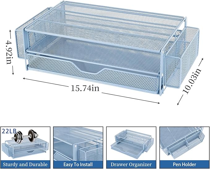AUPSEN Computer Monitor Stands Riser,2-Tier Desk Organizers and Accessories, Office Desk Accessories Organizer with Drawers and 2 Pen Holder for Office Supplies (Blue)