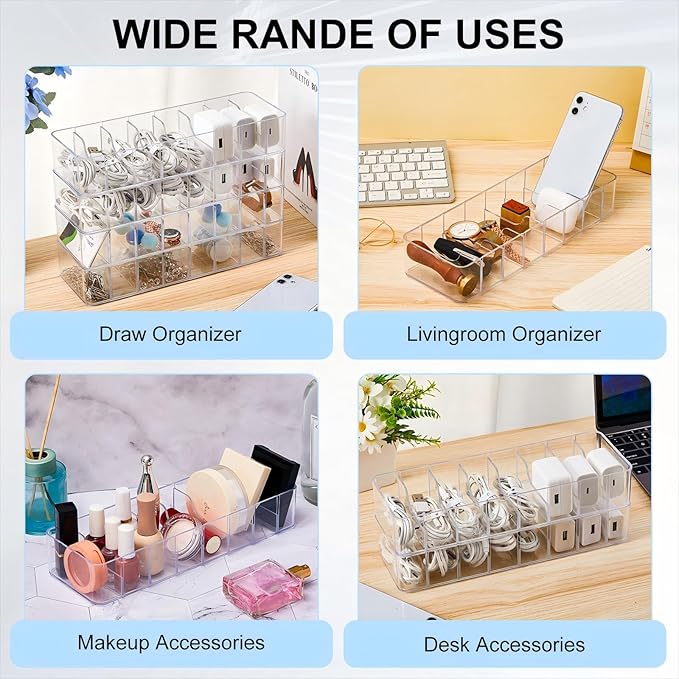 Tatuo 8 Pcs Cable Organizer with 80 Wire Ties, Plastic Cord Storage Charger Box Electronics Organizer with Adjustment Compartments Cable Storage for Drawer Home Office Desk Accessories (Clear)