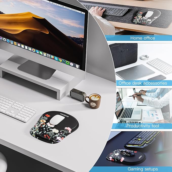 Mouse Pad with Wrist Rest, Ergonomic Mousepads with Wrist Support, Soft Lycra Fabric Memory Foam Office Desk Accessories for Comfort/Pain Relief/PC Gaming/Computer/Laptop (Black Flower)