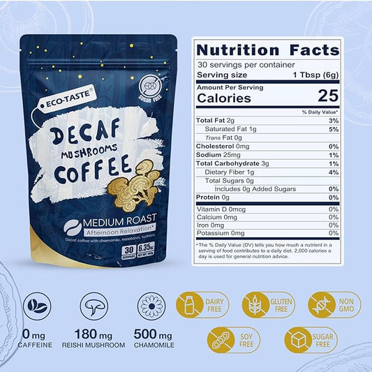 Relaxing Decaf Mushroom Coffee Blend with Reishi, Chamomile & Turmeric - 30% Beta-Glucans, MCT, Melatonin for Stress Relief & Focus - 6.35oz (180g) Afternoon Wellness Drink