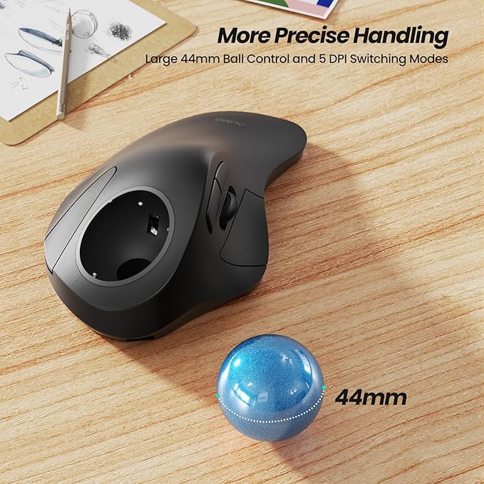 Nulea Wireless Ergonomic Trackball Mouse, Rechargeable, Bluetooth Rollerball Mouse, 44mm Index Finger Trackball, 5 Adjustable DPI, Compatible with PC, Laptop, iPad, Mac, Windows, Android