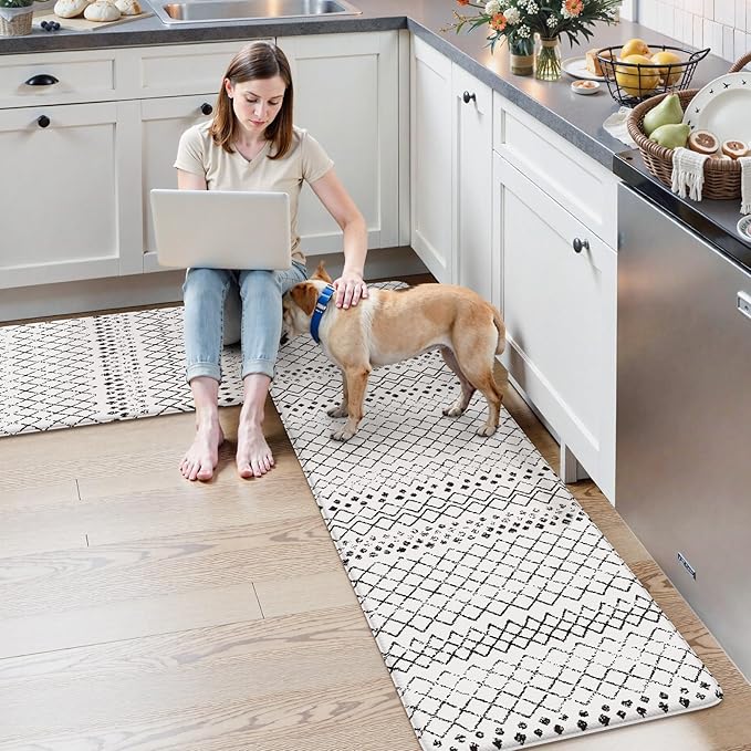 KIMODE Anti Fatigue Kitchen Mat for Floor, 20"x59"+20"x32" Kitchen Rugs Set of 2, Non Slip Kitchen Floor Mats Cushioned, Comfort Mats for Kitchen Floor Sink Laundry Office Desk Black and White