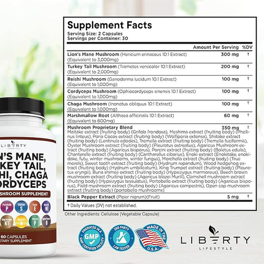 Lions Mane Mushroom Supplement with Turkey Tail Reishi Cordyceps Chaga with Marshmallow Root - 1-Pack