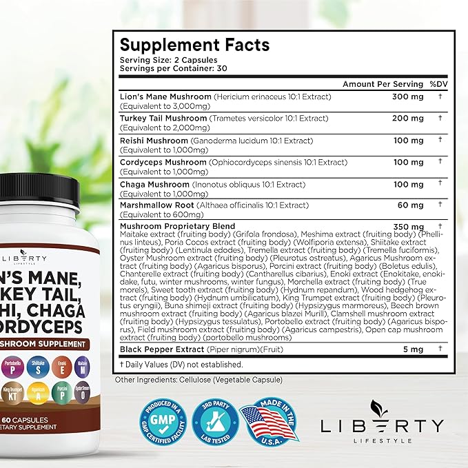 Lions Mane Mushroom Supplement with Turkey Tail Reishi Cordyceps Chaga with Marshmallow Root - 2-Pack
