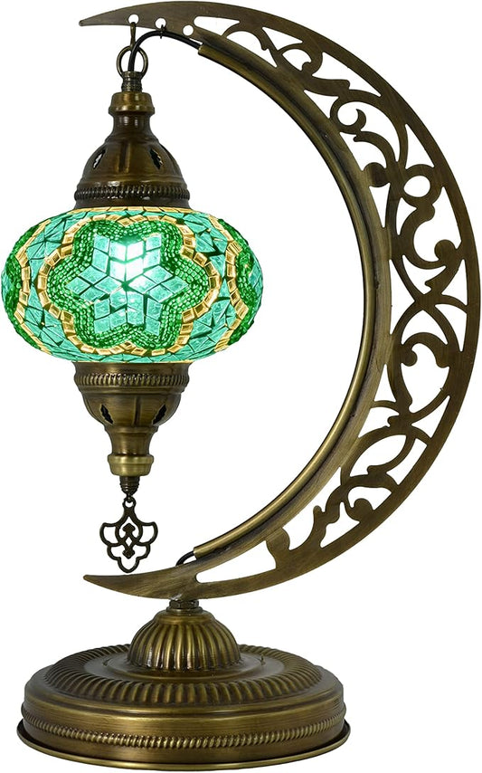 mozaist Turkish Stained Glass Luna Shape Table Lamp, Moroccan Crescent Tiffany Style Handmade Desk Light, Rustic Moon Living Room, Mosaic Lampshade Office Decorative Dim Lighting (Emerald Green)