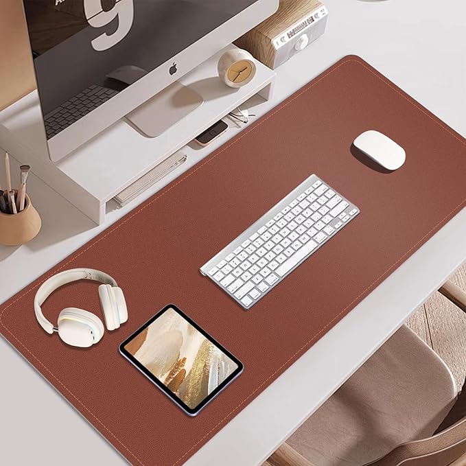 Non Slip Desk Mat, 31.5" x 15.7" PU Leather Desk Pad, Cork Desk Mat for Desktop, Desk Pad for Keyboard and Mouse, Ideal for Office and Home, Brown