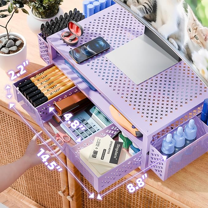 Simple Trending 2 Tier Metal Monitor Stand Monitor riser and Computer Desk Organizer with Drawer and Pen Holder for Laptop, Computer, iMac, Purple