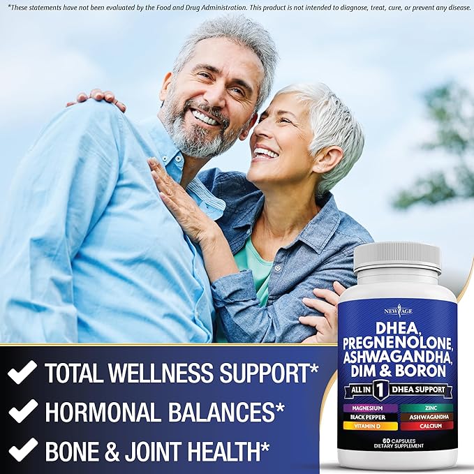 NEW AGE DHEA Supplement - Pregnenolone for Men & Women with DIM, Ashwagandha, Boron, Calcium, Magnesium, Zinc, Vitamin D3 5000iu - Support Capsules - 180 Count