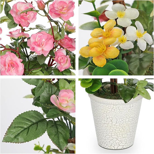 Hollyone Artificial Plants & Flowers in Vase Pink Camellia Roses Faux Flower Plant Arrangement with Pot Fake Rose Flowers Home Decor Office Bathroom Shelf Desk Table Decoration