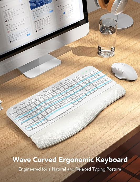 SABLUTE Wireless Keyboard and Mouse Combo, Ergonomic Wave Keys, Cushioned Plam Rest, Comfortable Silent Natural Typing, 2.4G Lag-Free, Full Size Keyboards Cordless Set for Multi-OS, Windows/Mac, White