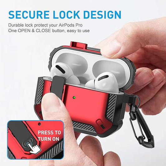 Maxjoy for AirPods Pro Case Cover with Lock, AirPods Pro 1st Generation Case for Men Military Rugged Protective Cover with Keychain Compatible with Apple AirPod Pros 2019 Front LED Visible, Red