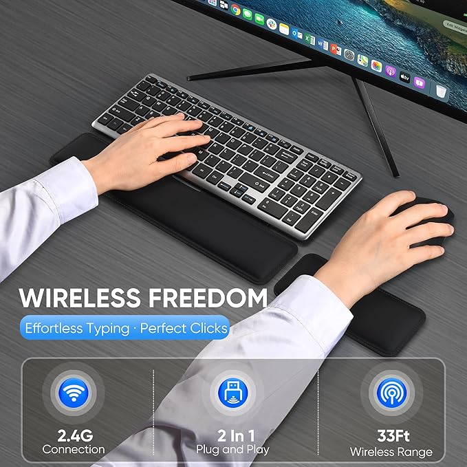 Wireless Keyboard & Mouse Combo with Keyboard Magnetic Wrist Rest and Mouse Wrist Rest - Ergonomic Design for Typing Pain Relief, Desk Pads Support Hand and Arm, 2.4G Stable Connection,Adjustable DPI