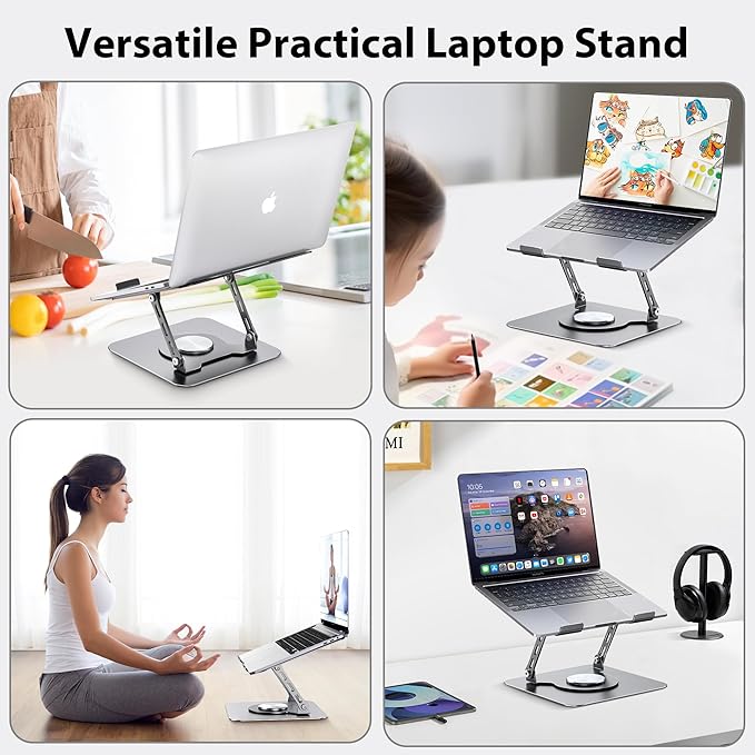 Laptop Stand, Adjustable Metal Computer Stand with 360ยฐ Rotating Base, Ergonomic Foldable Laptop Riser for Desk, Portable Laptop Stand Mount for All 10-16" Laptops and Notebooks, Space Gray