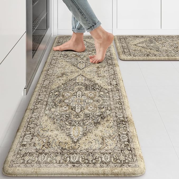 KIMODE Anti Fatigue Kitchen Mat, Boho Distressed Kitchen Rugs Sets of 2, Kitchen Floor Mats Non Slip Cushioned, Waterproof Standing Mat for Laundry, Office, Sink, Desk, Brown 17"x47"+17"x29"
