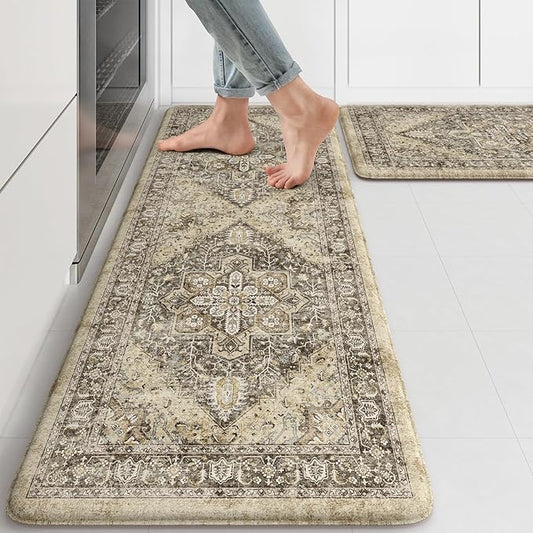 KIMODE Anti Fatigue Kitchen Mat, Boho Distressed Kitchen Rugs Sets of 2, Kitchen Floor Mats Non Slip Cushioned, Waterproof Standing Mat for Laundry, Office, Sink, Desk, Brown 17"x47"+17"x29"