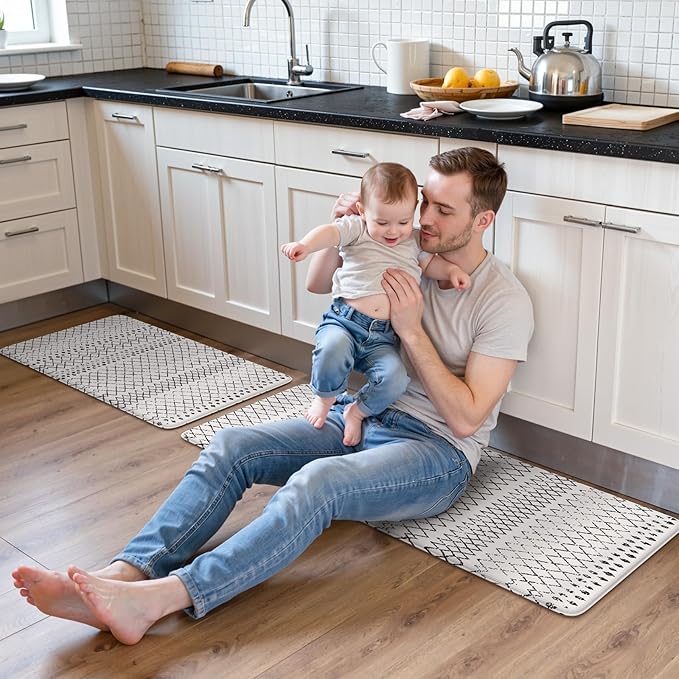 KIMODE Kitchen Mats 2PCS,Cushioned Anti Fatigue Kitchen Rugs and Mats,Non Skid Waterproof Kitchen Mats for Floor,Comfort Foam Standing Mat for Home, Office,Sink,Laundry,Desk,Black and White