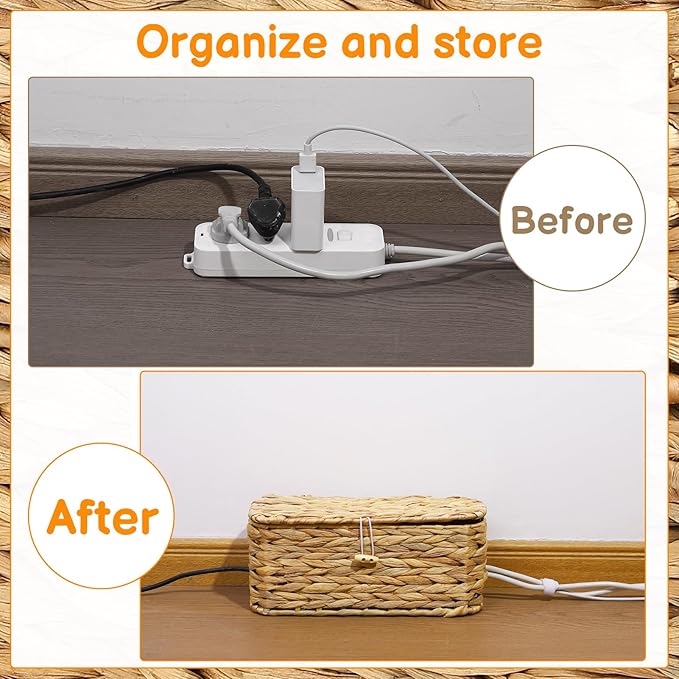2 Pack Wicker Cable Management Box with Lid, Rattan Cord Organizer Cable Hider Storage Box with 2 Open Slots for Home Office Desk Cord Hider Computer TV Wires USB Hub