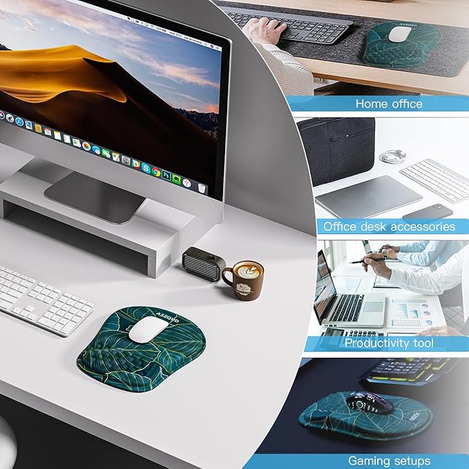 Mouse Pad with Wrist Rest, Ergonomic Mousepads with Wrist Support, Soft Lycra Fabric Memory Foam Office Desk Accessories for Comfort/Pain Relief/PC Gaming/Computer/Laptop (Green Leaves)