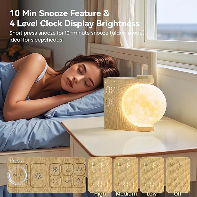 Rotating Moonlight Alarm Clock for Heavy Sleepers - Sunrise Simulation Wake-Up Light, Snooze, 10 Light Effects, 30/60/90 Timer, 10 Nature Sounds & 15 Ringtones,12 Volume- Bedroom Lamp for Kids Adults