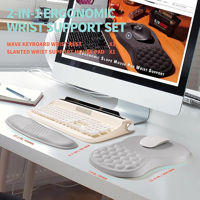 2-in-1 Ergonomic Set, Wave Rise Keyboard Wrist Rest and Massage Bulge Slope Mouse Pad Wrist Support, Cushion Memory Foam Integrated to Relieve Wrist Pain, Silver Gray