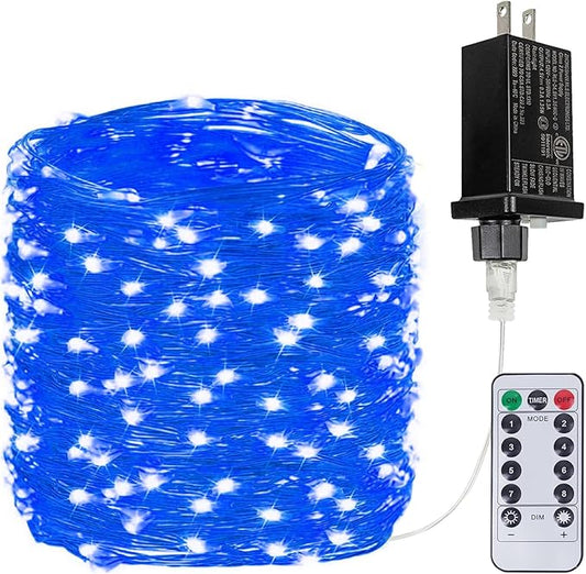 66Ft 200 LED Fairy Lights Plug in, Waterproof with Remote Outdoor 8 Modes Christmas Lights Bedroom Decor, Twinkle Light with Timer for Girl's Room Christmas Decorations (Blue)