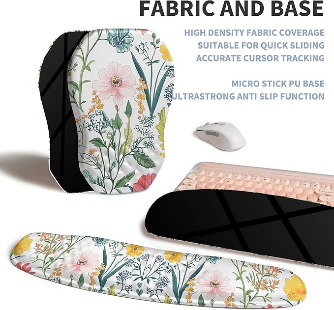 2-in-1 Ergonomic Set, Wave Keyboard Wrist Rest and Massage Slope Mouse Pad Wrist Support, Rebound Memory Foam for Relieve Carpal Tunnel Syndrome and Wrist Pain (Pink Flowers)