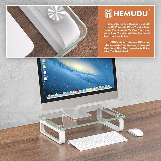 Hemudu Clear Computer Monitor Stand Riser Multi Media Desktop Stand for Flat Screen LCD LED TV, Laptop/Notebook, with Tempered Glass and Metal Legs, HD02T-001