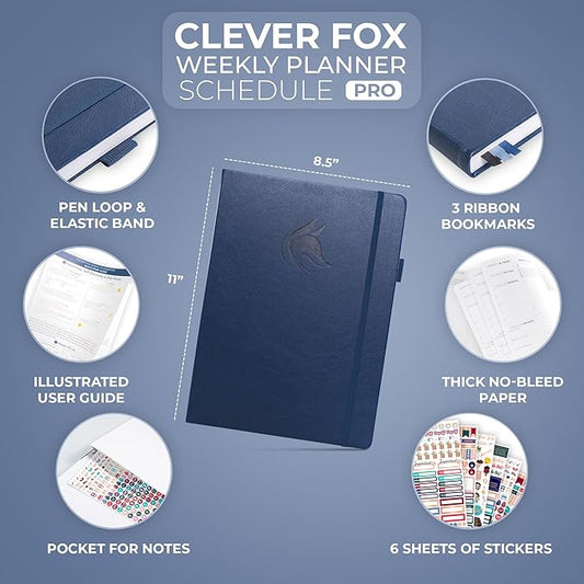 Clever Fox Planner PRO Schedule – Undated Weekly & Monthly Life Planner with Time Slots, Appointment Book & Daily Organizer, A4 (Dark Blue)