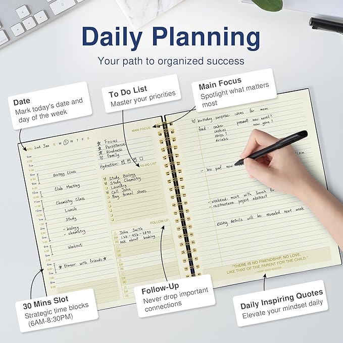 Undated Daily Planner To Do List Hourly Schedule 2027 2026 2025 Calendar & Holiday Habit Tracker 180 Pages Letter Size 8.5" x 11" Sheets Hardcover Spiral Bound Notebook (Black)