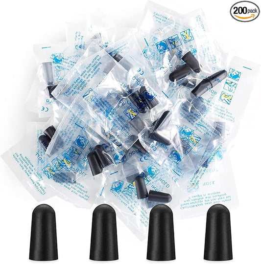 200 Pairs Black Noise Cancelling Ear Plugs - 33dB NRR Individually Bagged for Sleeping, Work & Construction