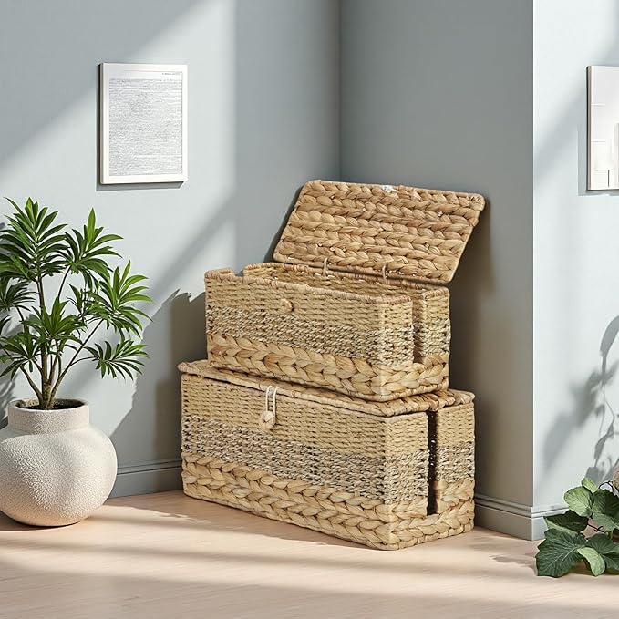 Cable Organizer Box Handmade Wicker Rattan Cable Management Box Adapter Power Strips Outlet Router Cord Hider Cover Under Desk Electrical Wire Storage Organizer with Lid (Natural, Large)