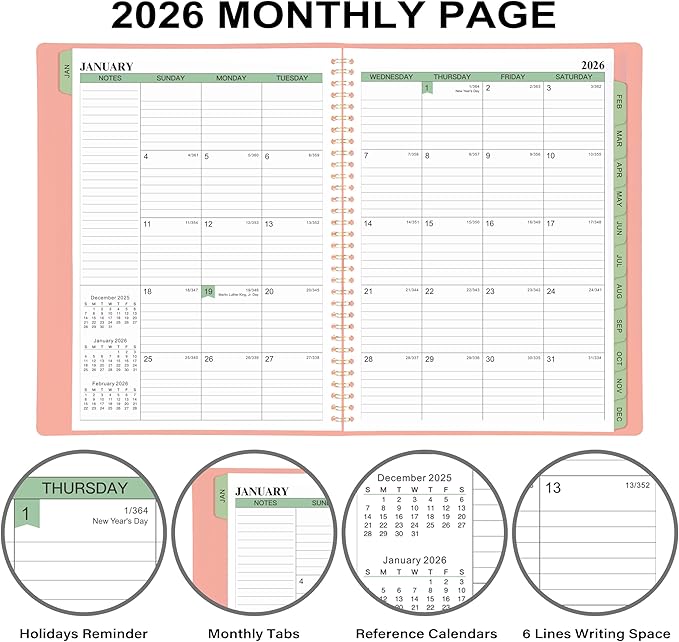 2026 Planner - 11.38'' x 8.74'', Weekly & Monthly Planner Notepad 2026, JAN. 2026 - DEC. 2026, Appointment Book, 60 Minutes Interval, Monthly Tabs, Faux Soft Leather, Spiral Bound - Rose Golden